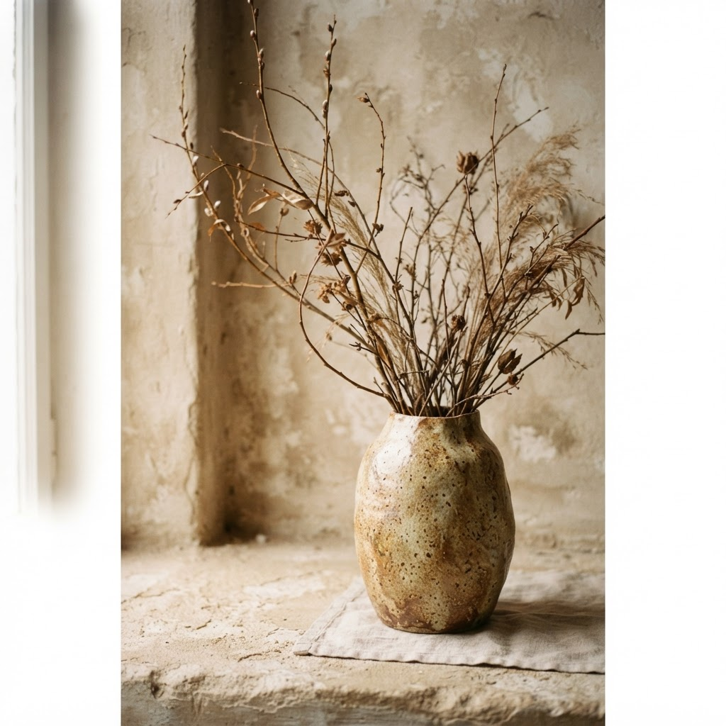 Ceramic vase with dried branches lit by soft directional light